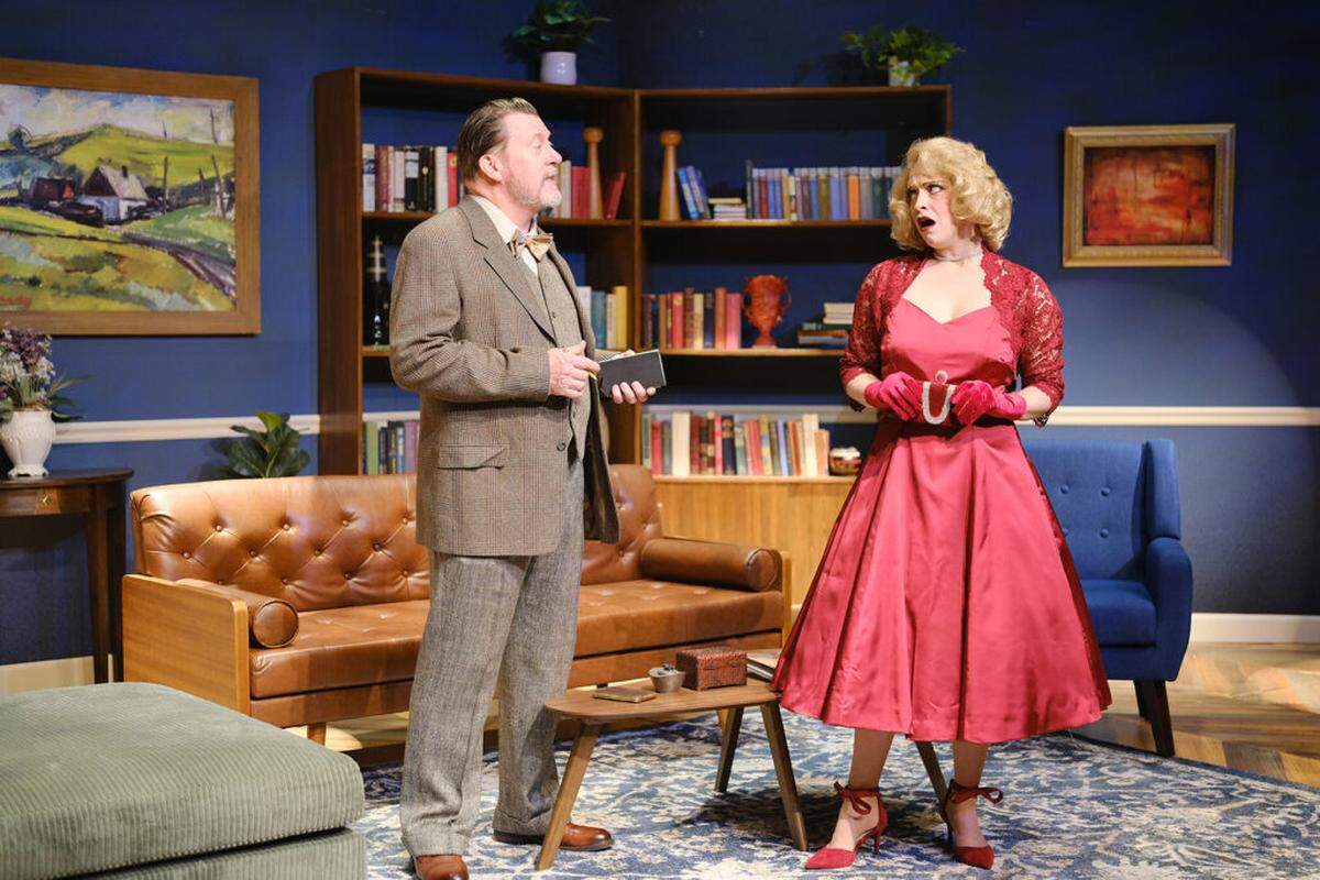Stephen G. Anthony as Inspector Hubbard grills Mallory Newbrough as Margot Wendice.