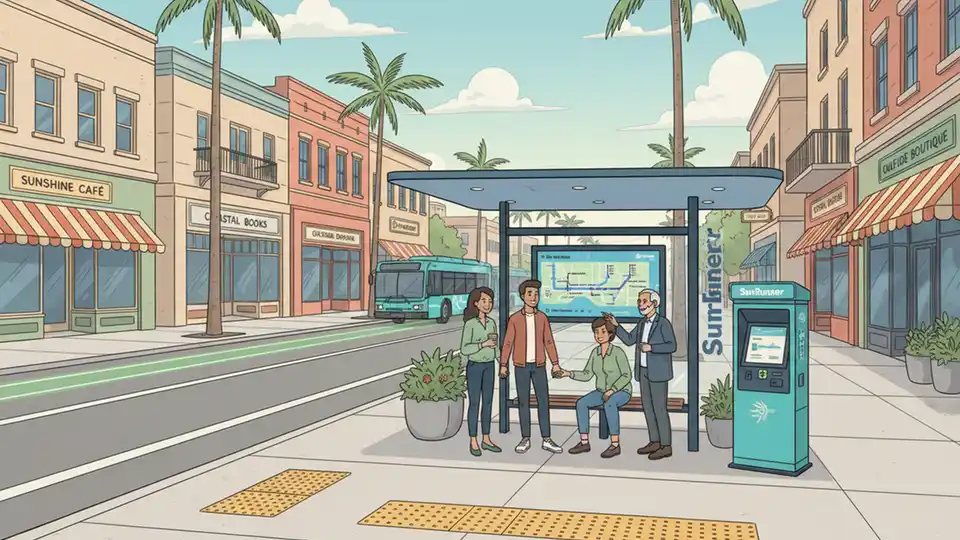 A street-level view of a SunRunner bus stop along Central Avenue with a modern shelter, route map, and nearby mixed-use buildings with ground-floor retail and residential units above