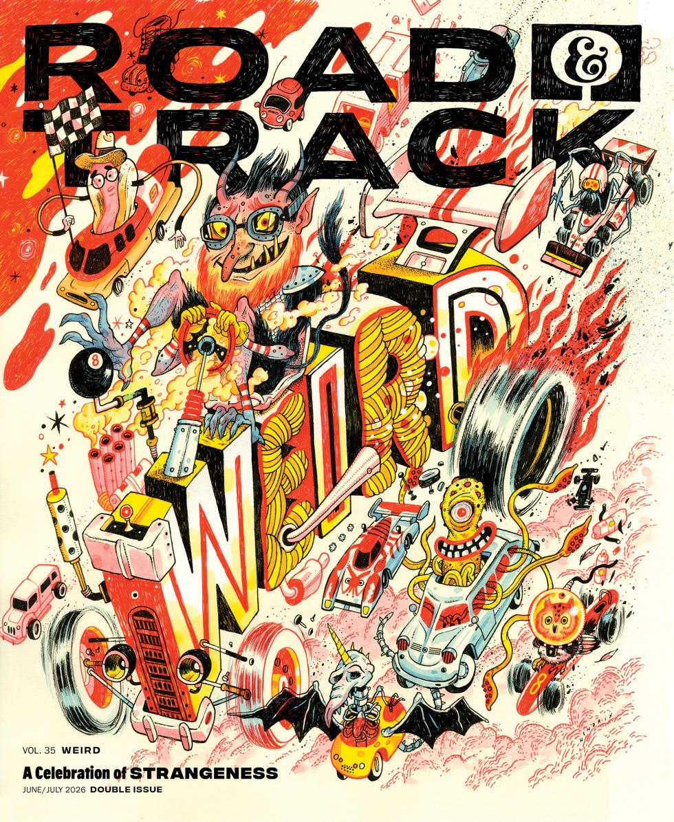 magazine cover with vibrant surreal car illustrations and bold text