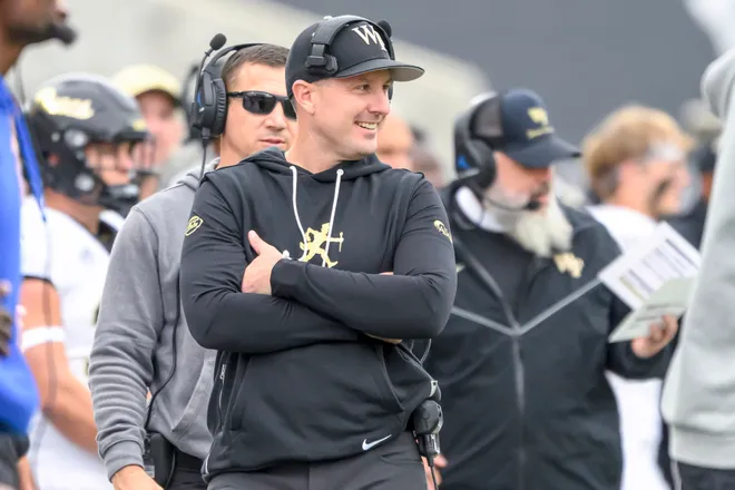 Oct 11, 2025; Corvallis, Oregon, USA; Wake Forest Demon Deacons head coach Jake Dickert smiles on the sideline during the second half against the Oregon State Beavers at Reser Stadium. Mandatory Credit: Craig Strobeck-Imagn Images
