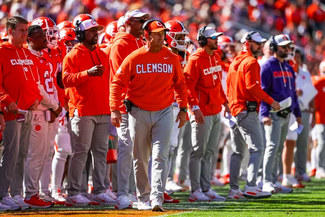 CLEMSON, SOUTH CAROLINA - NOVEMBER 01: Head Coach Dabo Swinney of the Clemson Tigers looks on during the first half of a football game against the Duke Blue Devils at Memorial Stadium on November 01, 2025 in Clemson, South Carolina. (Photo by David Jensen/Getty Images)