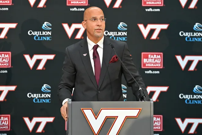 Nov 19, 2025; Blacksburg, VA, USA; Virginia Tech head coach James Franklin during the press conference at Cassell Coliseum. Mandatory Credit: Brian Bishop-Imagn Images