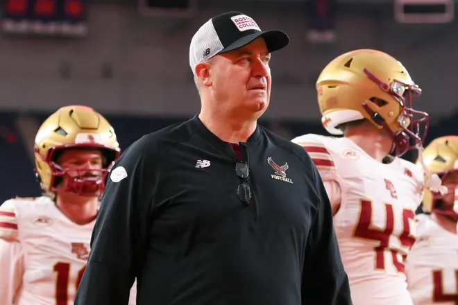 Nov 29, 2025; Syracuse, New York, USA; Boston College Eagles head coach Bill O'Brien walks off the field prior to the game against the Syracuse Orange at the JMA Wireless Dome. Mandatory Credit: Rich Barnes-Imagn Images