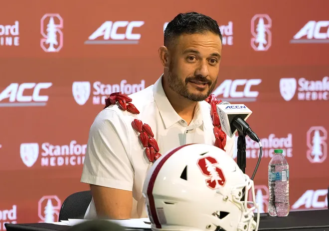 STANFORD, CALIFORNIA - DECEMBER 02: Tavita Pritchard speaks at a press conferences where he was introduced has the Stanford Cardinal next head coach of the football team at Stanford University on December 02, 2025 in Stanford, California. (Photo by Thearon W. Henderson/Getty Images)