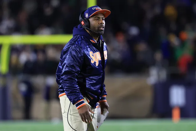 SOUTH BEND, INDIANA - NOVEMBER 22: Head coach Fran Brown of the Syracuse Orange looks on against the Notre Dame Fighting Irish during the second half at Notre Dame Stadium on November 22, 2025 in South Bend, Indiana. (Photo by Justin Casterline/Getty Images)
