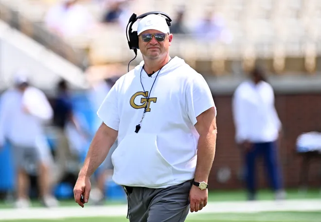 ATLANTA, GEORGIA - APRIL 18: Head coach Brent Key of the Georgia Tech Yellow Jacket looks on during 2026 Georgia Tech Spring White v Gold Football Game at Bobby Dodd Stadium on April 18, 2026 in Atlanta, Georgia. (Photo by Paras Griffin/Getty Images for ONIT)
