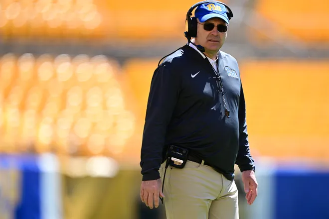 PITTSBURGH, PENNSYLVANIA - APRIL 11: Head coach Pat Narduzzi of the Pittsburgh Panthers looks on during the Pittsburgh Panthers Spring Football Game at Acrisure Stadium on April 11, 2026 in Pittsburgh, Pennsylvania. (Photo by David Dermer/Getty Images for ONIT)