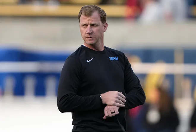 BERKELEY, CALIFORNIA - NOVEMBER 29: Head coach Rhett Lashlee of the Southern Methodist University Mustangs looks on prior to the start of the game against the California Golden Bears at California Memorial Stadium on November 29, 2025 in Berkeley, California. (Photo by Thearon W. Henderson/Getty Images)