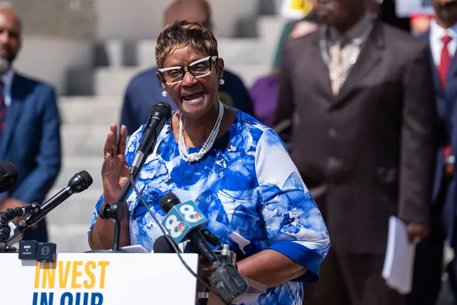 Kim Ward, a Leon County education staff professional, speaks at a press conference held on the steps of Florida’s historic capitol calling on the state to provide more support for public schools Tuesday, May 5, 2026.