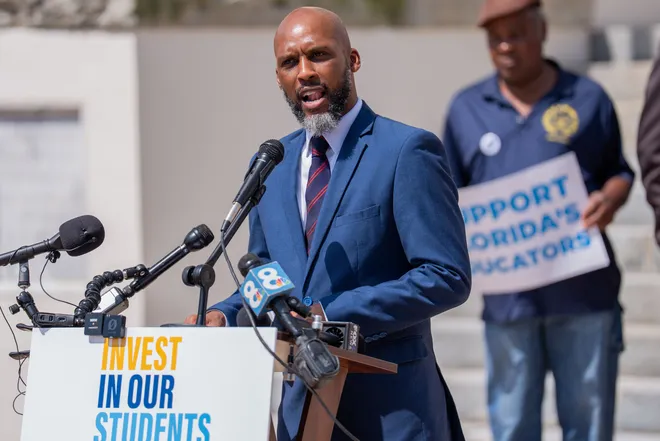 Ladara Royal, an Orange County teacher, speaks at a press conference held on the steps of Florida’s historic capitol calling on the state to provide more support for public schools Tuesday, May 5, 2026.