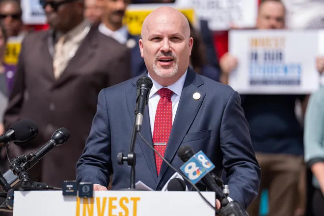 Andrew Spar, President of the Florida Education Association, speaks at a press conference held on the steps of Florida’s historic capitol calling on the state to provide more support for public schools Tuesday, May 5, 2026.