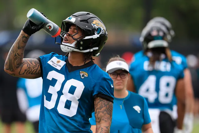 Jacksonville Jaguars running back Ja'Quinden Jackson (38) hydrates during rookie minicamp at the Miller Electric Center, Saturday, May 9, 2026 in Jacksonville, Fla. Today was the second of a three day camp concluding Sunday.