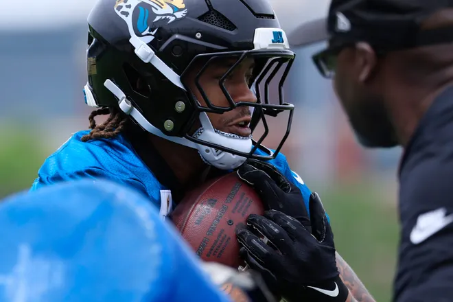 Jacksonville Jaguars running back Ja'Quinden Jackson (38) runs the ball during rookie minicamp at the Miller Electric Center, Saturday, May 9, 2026 in Jacksonville, Fla. Today was the second of a three day camp concluding Sunday.