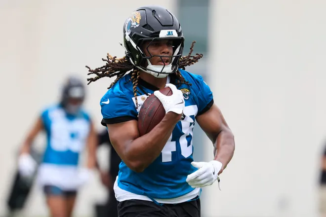 Jacksonville Jaguars tight end Ethan Conner (48) runs the ball during rookie minicamp at the Miller Electric Center, Saturday, May 9, 2026 in Jacksonville, Fla. Today was the second of a three day camp concluding Sunday.