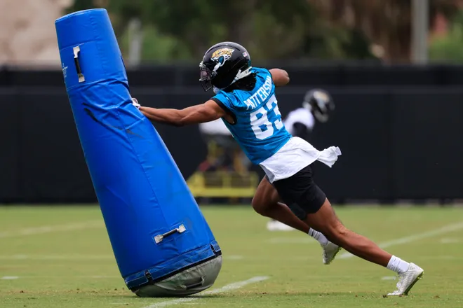 Jacksonville Jaguars wide receiver Ben Patterson (83) hits a blocking pad during rookie minicamp at the Miller Electric Center, Saturday, May 9, 2026 in Jacksonville, Fla. Today was the second of a three day camp concluding Sunday.