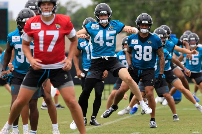 Jacksonville Jaguars wide receiver Alex Bullock (45) warms up during rookie minicamp at the Miller Electric Center, Saturday, May 9, 2026 in Jacksonville, Fla. Today was the second of a three day camp concluding Sunday.