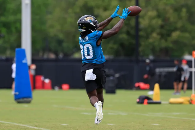 Jacksonville Jaguars running back J'Mari Taylor (30) catches a pass during rookie minicamp at the Miller Electric Center, Saturday, May 9, 2026 in Jacksonville, Fla. Today was the second of a three day camp concluding Sunday.