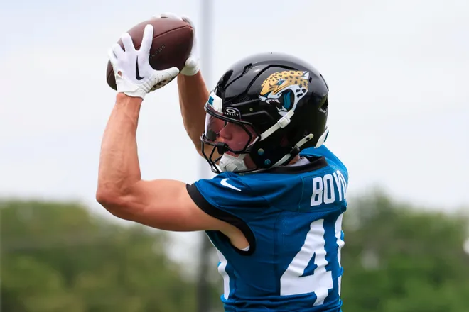 Jacksonville Jaguars wide receiver Brady Boyd (49) catches a pass during rookie minicamp at the Miller Electric Center, Saturday, May 9, 2026 in Jacksonville, Fla. Today was the second of a three day camp concluding Sunday.