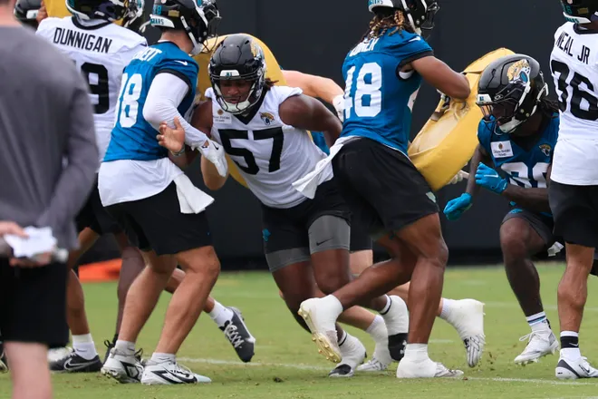 Jacksonville Jaguars defensive end Bryan Thomas Jr. (57) runs a drill during rookie minicamp at the Miller Electric Center, Saturday, May 9, 2026 in Jacksonville, Fla. Today was the second of a three day camp concluding Sunday.