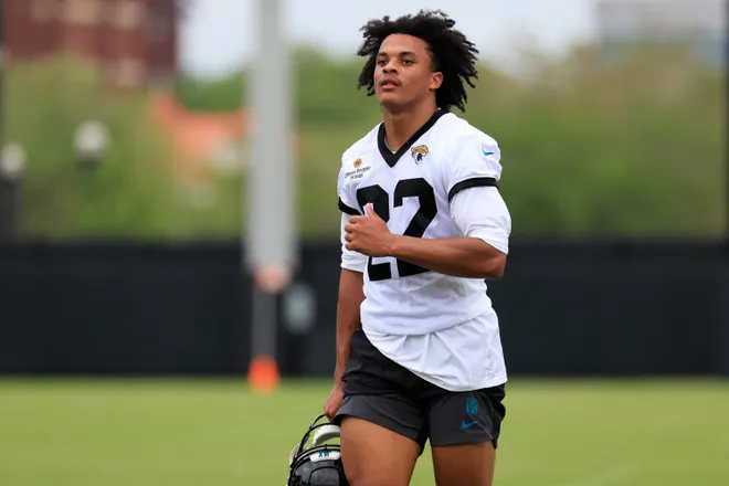 Jacksonville Jaguars safety Jalen Huskey (22) runs off the field during rookie minicamp at the Miller Electric Center, Saturday, May 9, 2026 in Jacksonville, Fla. Today was the second of a three day camp concluding Sunday.