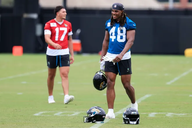 Jacksonville Jaguars tight end Ethan Conner (48) walks off the field during rookie minicamp at the Miller Electric Center, Saturday, May 9, 2026 in Jacksonville, Fla. Today was the second of a three day camp concluding Sunday.