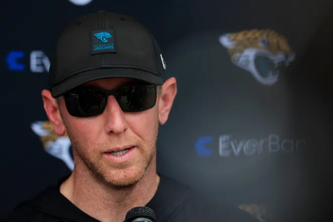 Jacksonville Jaguars head coach Liam Coen answers questions during rookie minicamp at the Miller Electric Center, Saturday, May 9, 2026 in Jacksonville, Fla. Today was the second of a three day camp concluding Sunday.