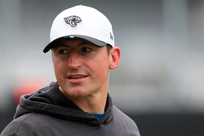 Jacksonville Jaguars offensive coordinator Grant Udinski looks on during rookie minicamp at the Miller Electric Center, Saturday, May 9, 2026 in Jacksonville, Fla. Today was the second of a three day camp concluding Sunday.