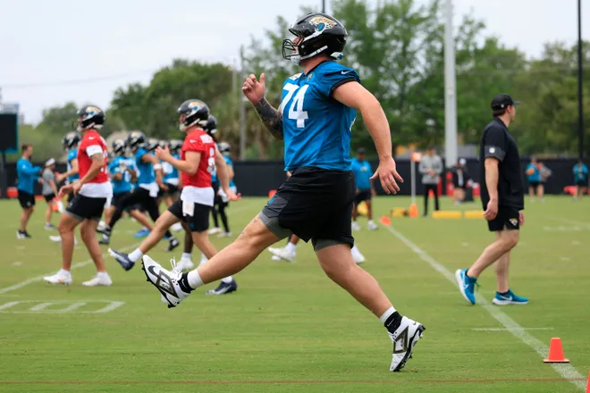 Jacksonville Jaguars outside linebacker Garrett DiGiorgio (74) warms up during rookie minicamp at the Miller Electric Center, Saturday, May 9, 2026 in Jacksonville, Fla. Today was the second of a three day camp concluding Sunday.
