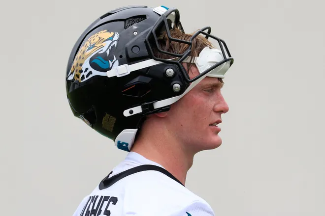 Jacksonville Jaguars linebacker Parker Hughes (53) runs off the field during rookie minicamp at the Miller Electric Center, Saturday, May 9, 2026 in Jacksonville, Fla. Today was the second of a three day camp concluding Sunday.