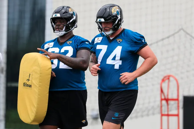 Jacksonville Jaguars outside linebacker Garrett DiGiorgio (74) drills next to outside linebacker Jimto Obidegwu (62) during rookie minicamp at the Miller Electric Center, Saturday, May 9, 2026 in Jacksonville, Fla. Today was the second of a three day camp concluding Sunday.
