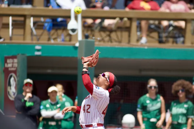 FSU softball’s Jaysoni Beachum makes a catch as the Seminoles host Stetson in the NCAA Tallahassee regional on Friday, May, 15, 2026.