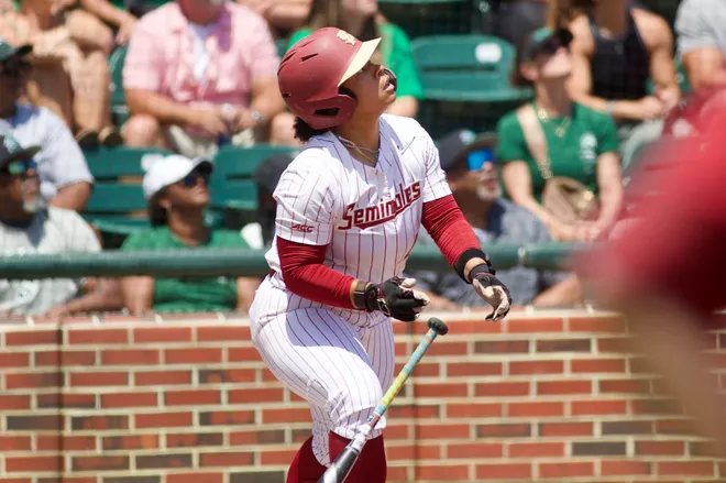 FSU softball’s Jaysoni Beachum watches a fly ball as the Seminoles host Stetson in the NCAA Tallahassee regional on Friday, May, 15, 2026.