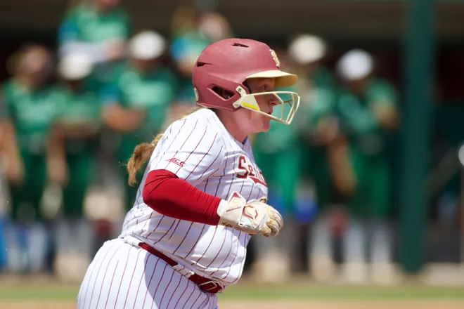 Florida State softball's Anna Hinde rounds the bases after a home run as Stetson softball beat Florida State, 8-3, in the NCAA Tallahassee Regional at JoAnne Graf Field on Friday, May 15, 2026.