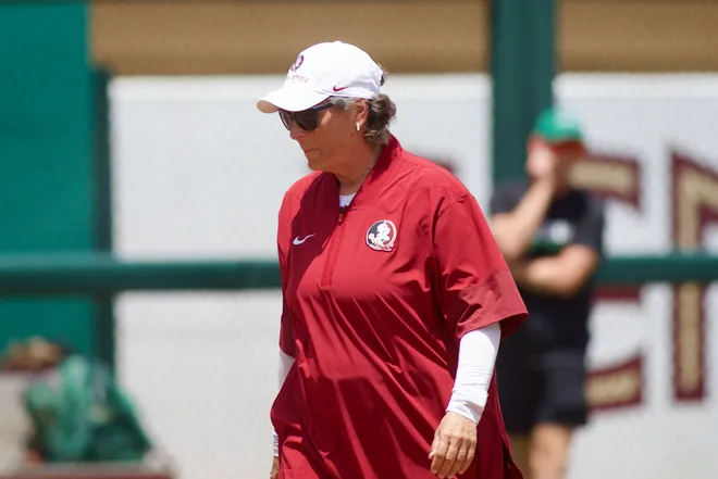 Florida State softball head coach Lonni Alameda walks off the field as Stetson softball beat Florida State, 8-3, in the NCAA Tallahassee Regional at JoAnne Graf Field on Friday, May 15, 2026.