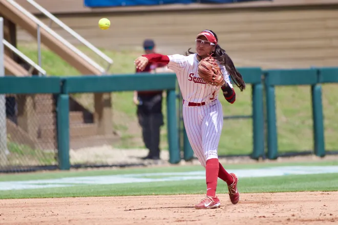 Florida State's Isa Torres makes a throw to first base as Stetson softball beat Florida State, 8-3, in the NCAA Tallahassee Regional at JoAnne Graf Field on Friday, May 15, 2026.