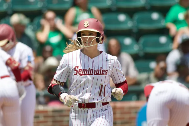 Florida State's Ashytn Danley walks off the field after a home run as Stetson softball beat Florida State, 8-3, in the NCAA Tallahassee Regional at JoAnne Graf Field on Friday, May 15, 2026.