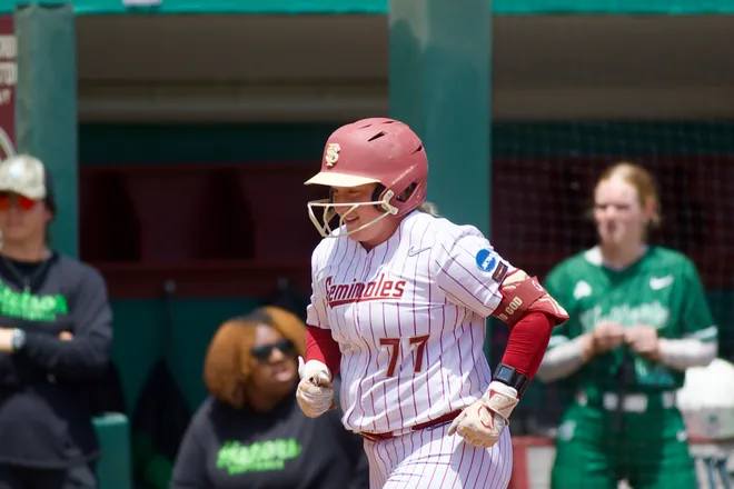 Florida State softball's Anna Hinde rounds the bases after a home run as Stetson softball beat Florida State, 8-3, in the NCAA Tallahassee Regional at JoAnne Graf Field on Friday, May 15, 2026.