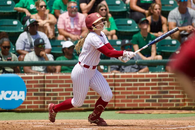 Florida State's Hayley Griggs during an at bat as Stetson softball beat Florida State, 8-3, in the NCAA Tallahassee Regional at JoAnne Graf Field on Friday, May 15, 2026.