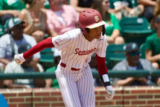 Florida State's Kennedy Harp runs to first base as Stetson softball beat Florida State, 8-3, in the NCAA Tallahassee Regional at JoAnne Graf Field on Friday, May 15, 2026.