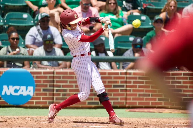 Florida State's Makenna Sturgis makes contact with a ball as Stetson softball beat Florida State, 8-3, in the NCAA Tallahassee Regional at JoAnne Graf Field on Friday, May 15, 2026.