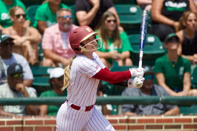 Florida State's Hayley Griggs during an at bat as Stetson softball beat Florida State, 8-3, in the NCAA Tallahassee Regional at JoAnne Graf Field on Friday, May 15, 2026.