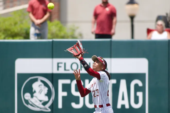 Florida State's Kennedy Harp catches a flyball as Stetson softball beat Florida State, 8-3, in the NCAA Tallahassee Regional at JoAnne Graf Field on Friday, May 15, 2026.