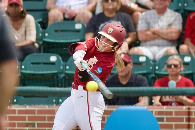 An FSU softball player fouls off a pitch against Jacksonville State in the NCAA Tallahassee Regional on Saturday, May 16, 2026.