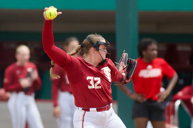FSU softball’s Jazzy Francik throws a pitch against Jacksonville State in the NCAA Tallahassee Regional on Saturday, May 16, 2026.
