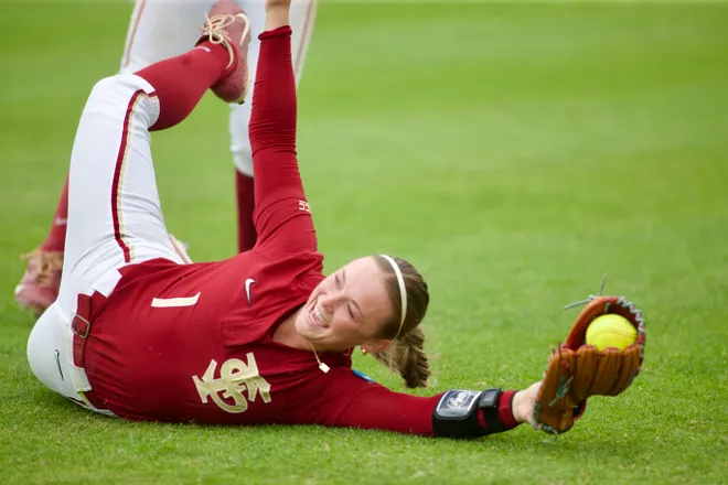 Florida State softball’s Hayley Griggs celebrates her diving catch against Jacksonville State in the NCAA Tallahassee regional on Saturday, May 16, 2026.