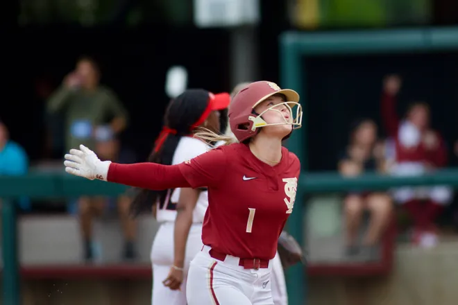 Florida State softball’s Hayley Griggs reacts after a home run against Jacksonville State in the NCAA Tallahassee regional on Friday, May 16, 2026.