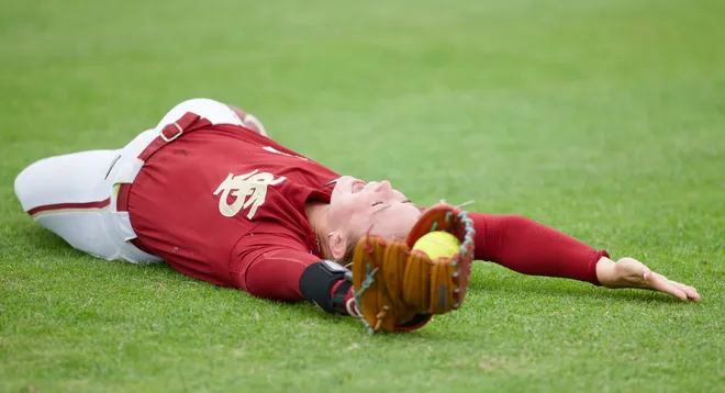 Florida State softball’s Hayley Griggs celebrates her diving catch against Jacksonville State in the NCAA Tallahassee regional on Saturday, May 16, 2026.