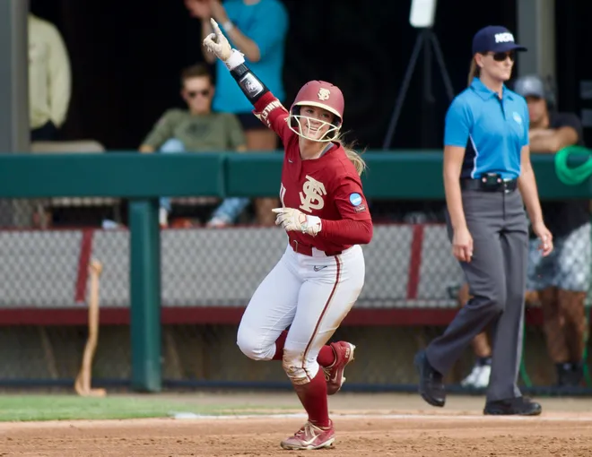 Florida State softball’s Ashtyn Danley celebrates a home run against Stetson in the NCAA Tallahassee regional on Saturday, May 16, 2026