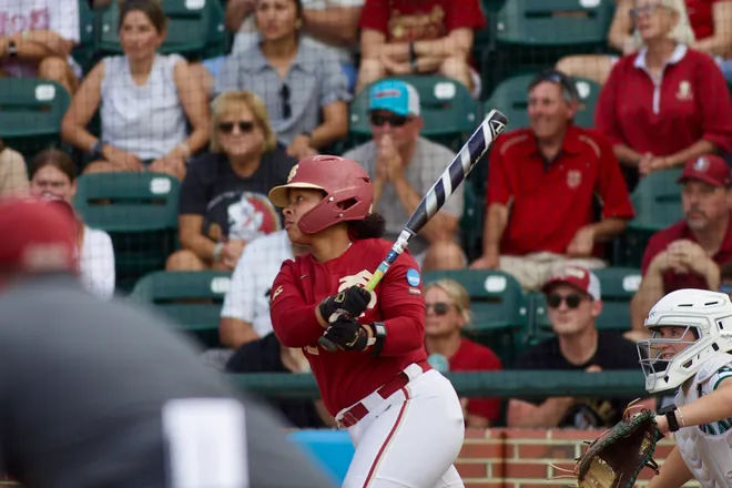 FSU softball’s Jaysoni Beachum watches a ball fly for a grand slam against Stetson on Saturday, May 16, 2026 in the NCAA Tallahassee regional.