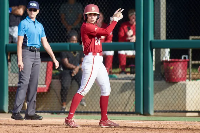 Florida State softball’s Madi Frey celebrates a base hit against Stetson in the NCAA Tallahassee regional on Saturday, May 16, 2026.